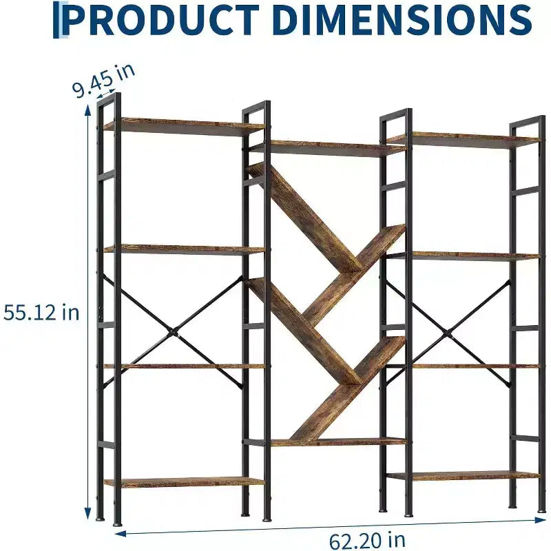 Triple 4 Tier Bookshelf, Metal and Wood Bookcase with Display Shelves, Modern Industrial Book Shelf for Living Room, Bedroom, Home Office, Brown