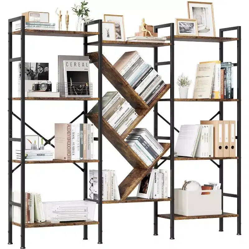 Triple 4 Tier Bookshelf, Metal and Wood Bookcase with Display Shelves, Modern Industrial Book Shelf for Living Room, Bedroom, Home Office, Brown