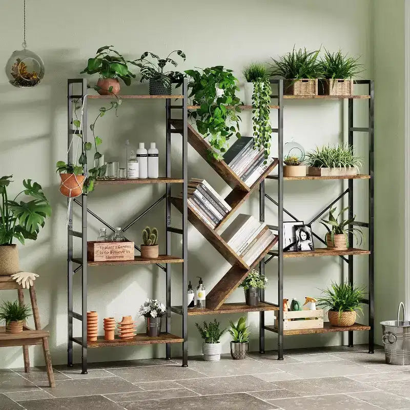Triple 4 Tier Bookshelf, Metal and Wood Bookcase with Display Shelves, Modern Industrial Book Shelf for Living Room, Bedroom, Home Office, Brown