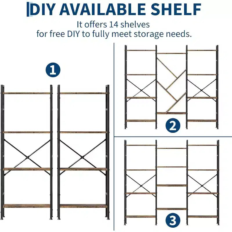 Triple 4 Tier Bookshelf, Metal and Wood Bookcase with Display Shelves, Modern Industrial Book Shelf for Living Room, Bedroom, Home Office, Brown