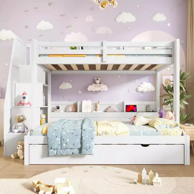 Polibi Modern Twin over Full Bunk Bed with Storage Staircase, Trundle & LED Light Strip