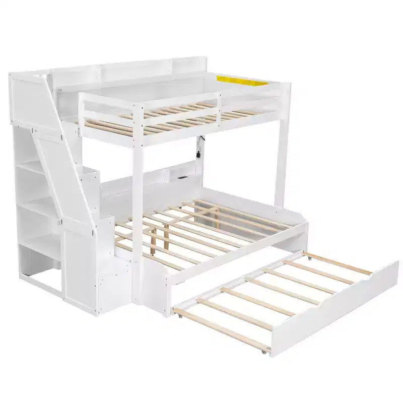 Polibi Modern Twin over Full Bunk Bed with Storage Staircase, Trundle & LED Light Strip