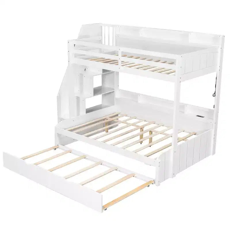 Polibi Modern Twin over Full Bunk Bed with Storage Staircase, Trundle & LED Light Strip