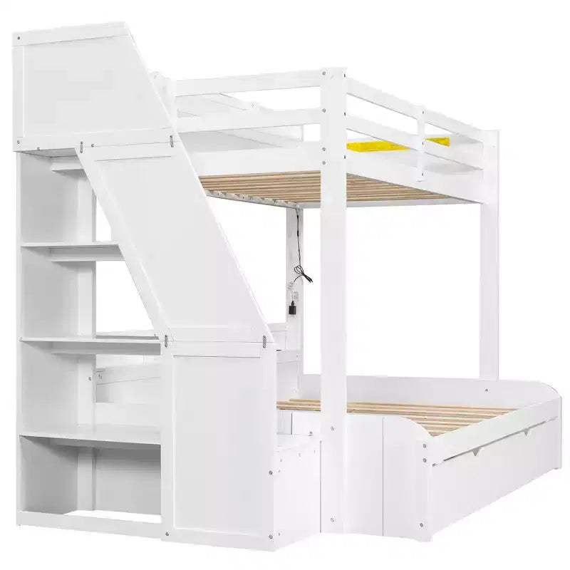 Polibi Modern Twin over Full Bunk Bed with Storage Staircase, Trundle & LED Light Strip