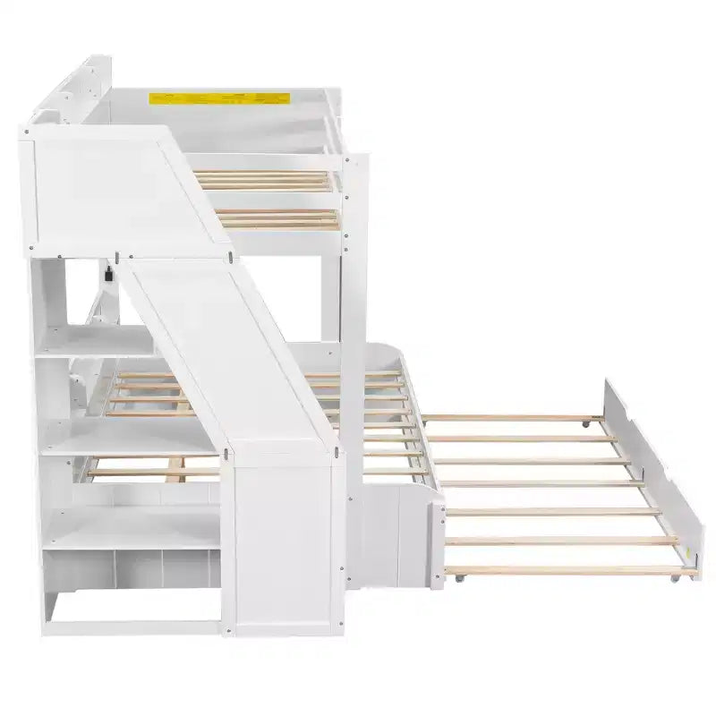 Polibi Modern Twin over Full Bunk Bed with Storage Staircase, Trundle & LED Light Strip