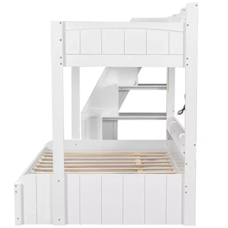 Polibi Modern Twin over Full Bunk Bed with Storage Staircase, Trundle & LED Light Strip