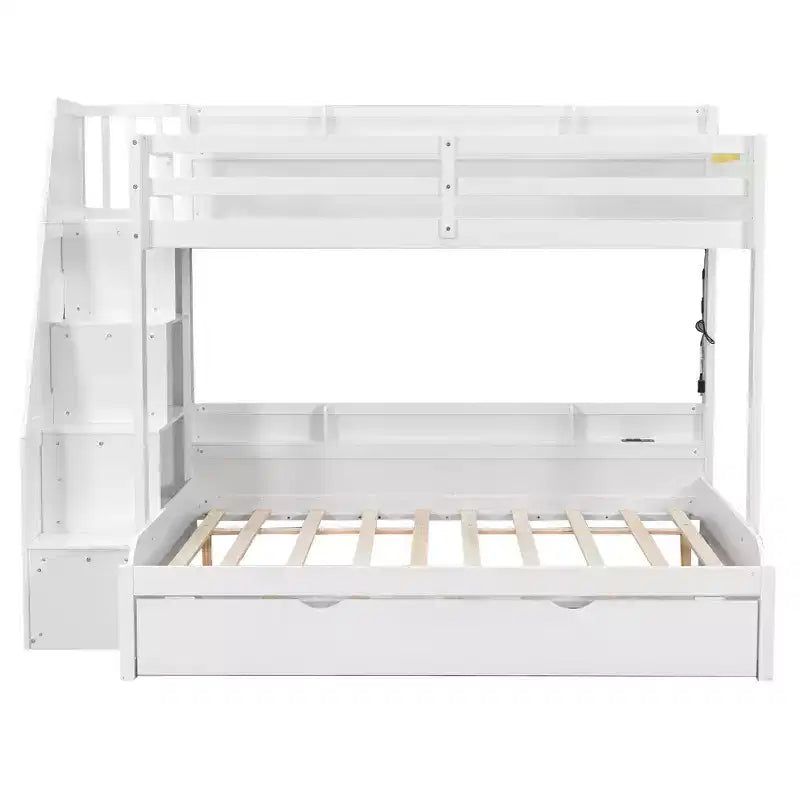 Polibi Modern Twin over Full Bunk Bed with Storage Staircase, Trundle & LED Light Strip