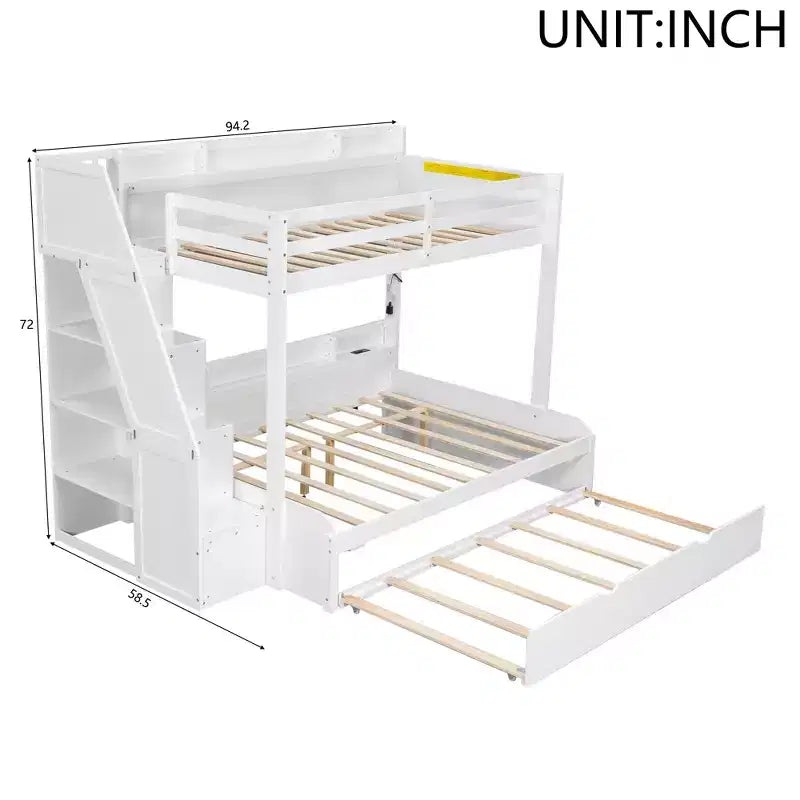 Polibi Modern Twin over Full Bunk Bed with Storage Staircase, Trundle & LED Light Strip