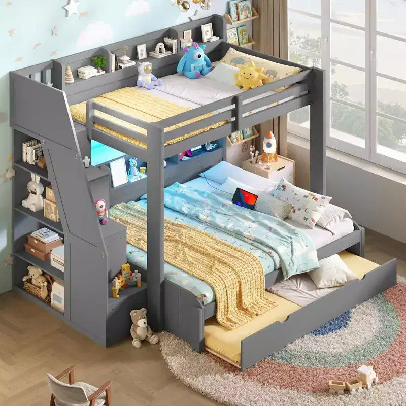 Polibi Modern Twin over Full Bunk Bed with Storage Staircase, Trundle & LED Light Strip