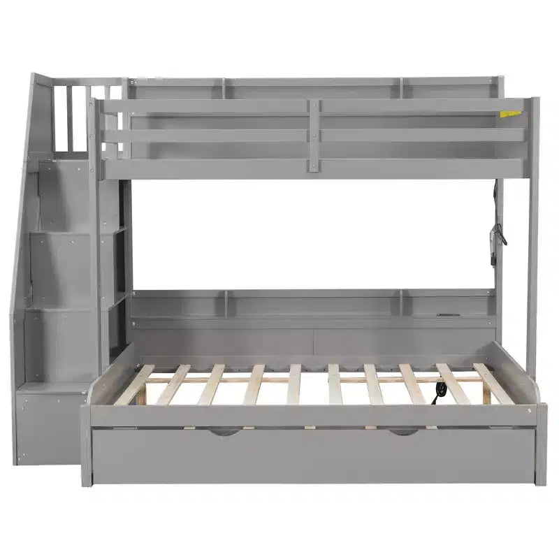 Polibi Modern Twin over Full Bunk Bed with Storage Staircase, Trundle & LED Light Strip