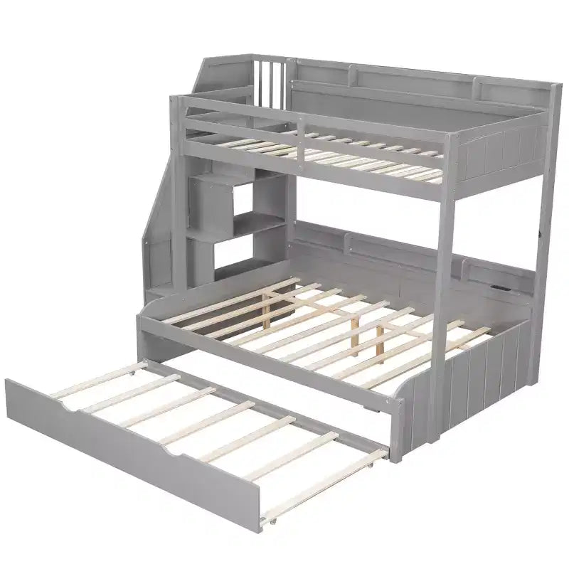 Polibi Modern Twin over Full Bunk Bed with Storage Staircase, Trundle & LED Light Strip