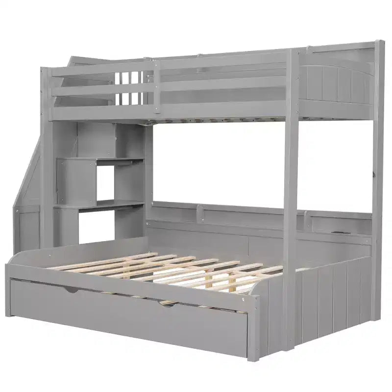 Polibi Modern Twin over Full Bunk Bed with Storage Staircase, Trundle & LED Light Strip