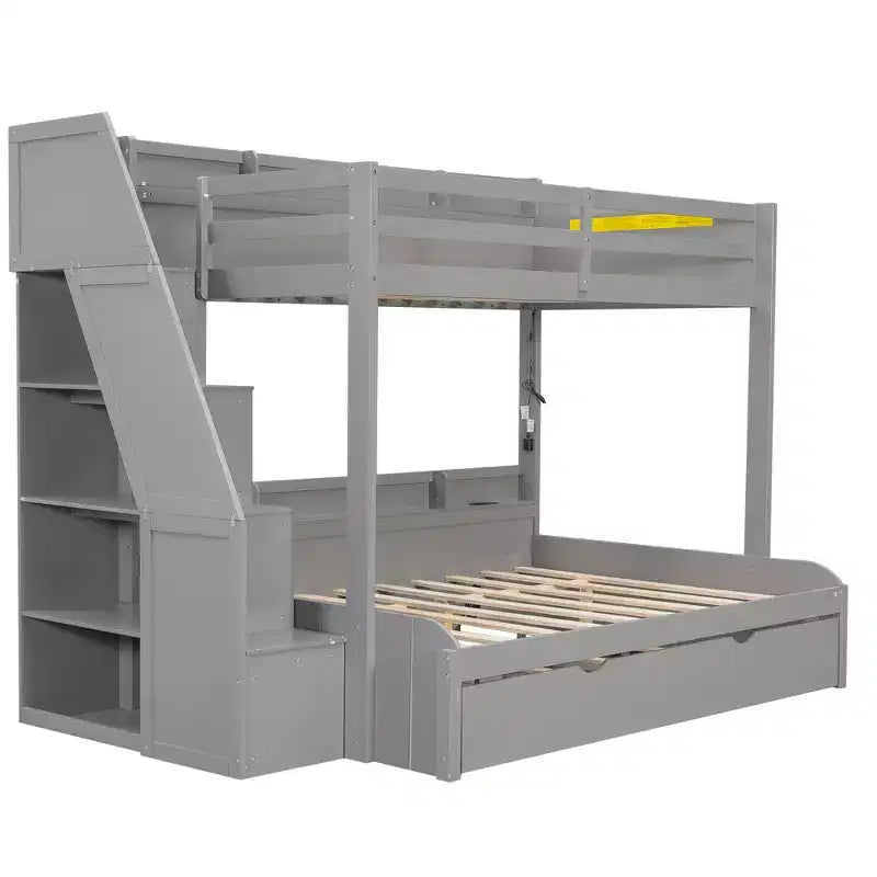 Polibi Modern Twin over Full Bunk Bed with Storage Staircase, Trundle & LED Light Strip