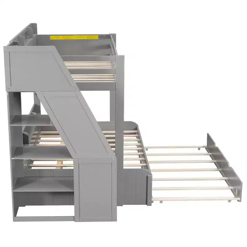 Polibi Modern Twin over Full Bunk Bed with Storage Staircase, Trundle & LED Light Strip