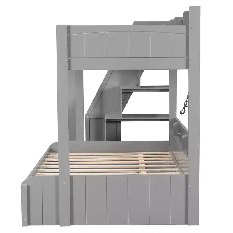 Polibi Modern Twin over Full Bunk Bed with Storage Staircase, Trundle & LED Light Strip