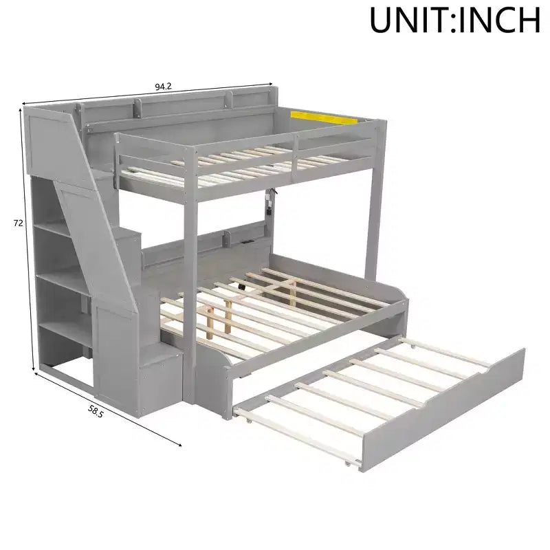 Polibi Modern Twin over Full Bunk Bed with Storage Staircase, Trundle & LED Light Strip