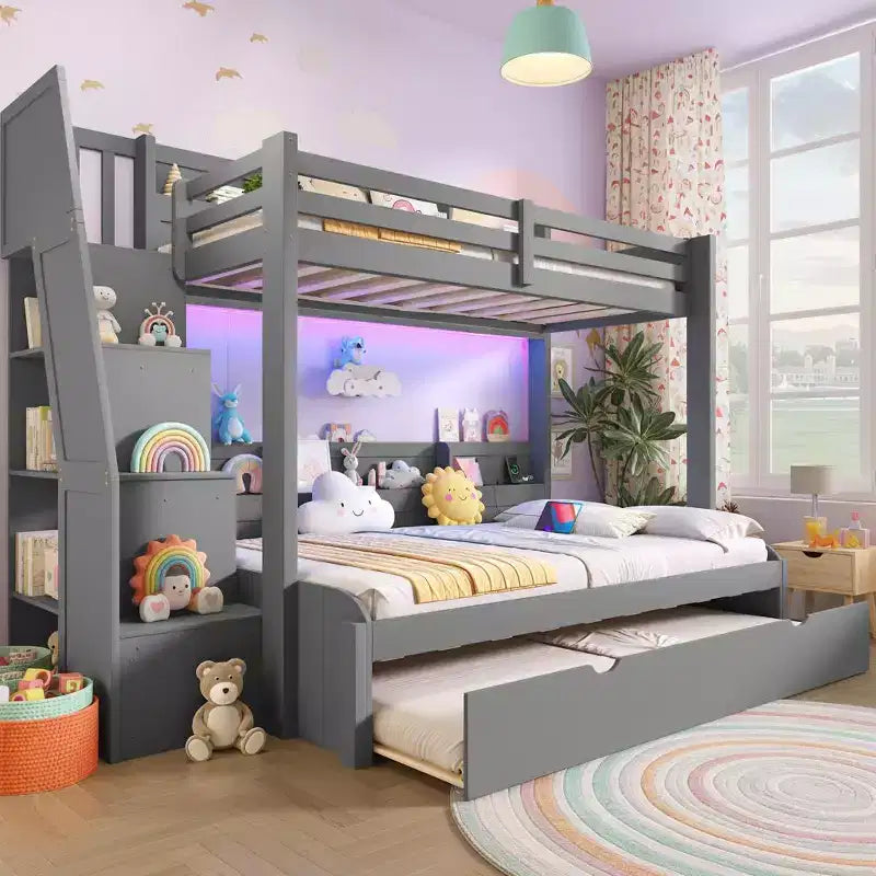 Polibi Modern Twin over Full Bunk Bed with Storage Staircase, Trundle & LED Light Strip