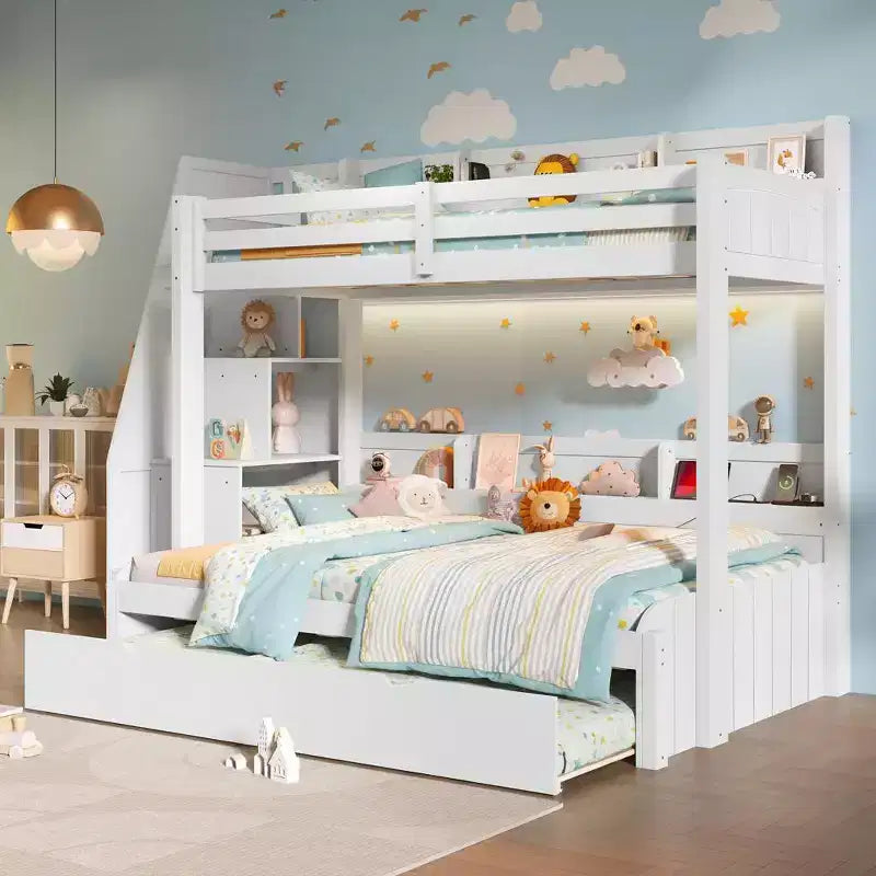 Polibi Modern Twin over Full Bunk Bed with Storage Staircase, Trundle & LED Light Strip