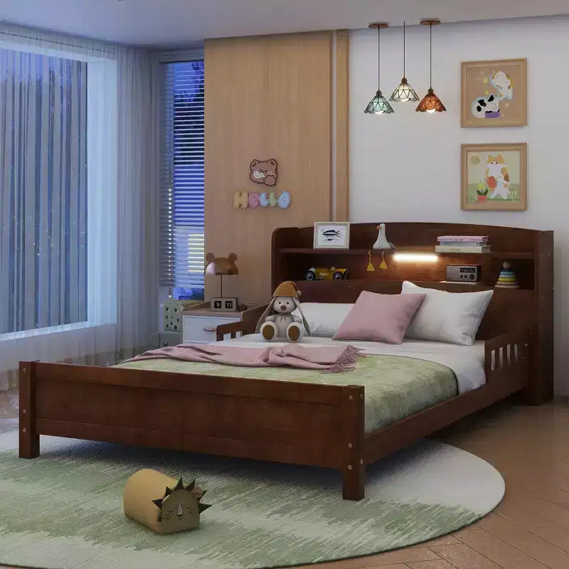 GDFStudio Melissa Full Size Wooden Bed with Bookcase Headboard, LED Motion Sensor Light and Guardrails