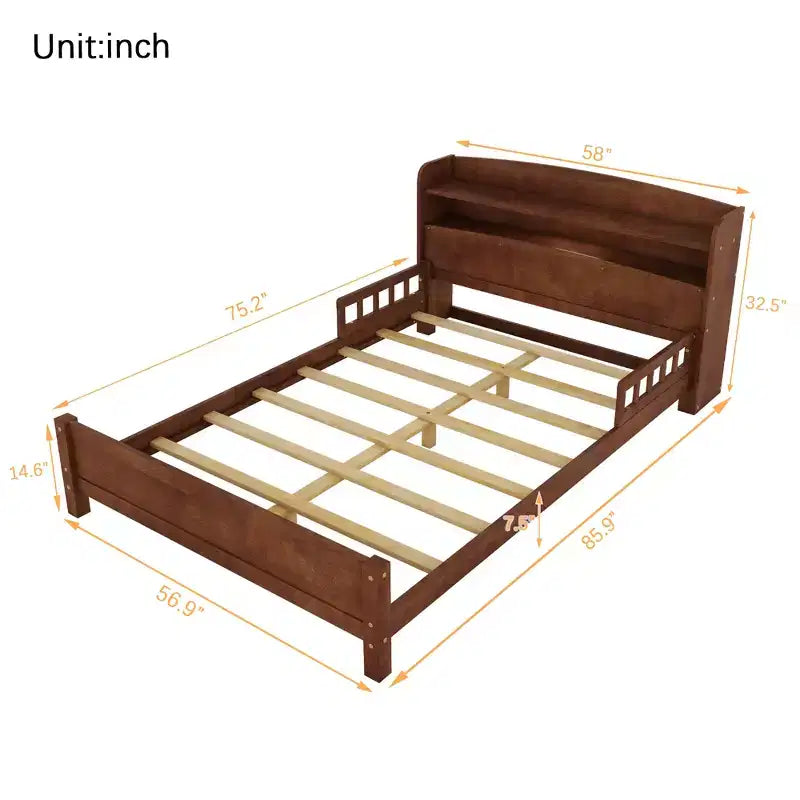 GDFStudio Melissa Full Size Wooden Bed with Bookcase Headboard, LED Motion Sensor Light and Guardrails