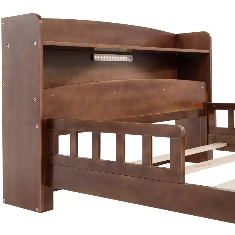 GDFStudio Melissa Full Size Wooden Bed with Bookcase Headboard, LED Motion Sensor Light and Guardrails