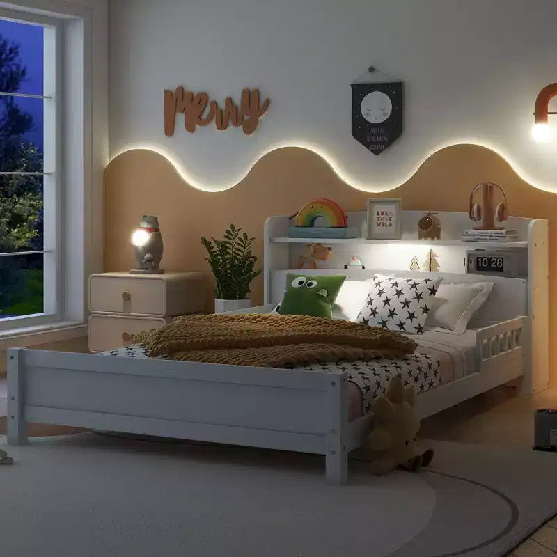 GDFStudio Melissa Full Size Wooden Bed with Bookcase Headboard, LED Motion Sensor Light and Guardrails