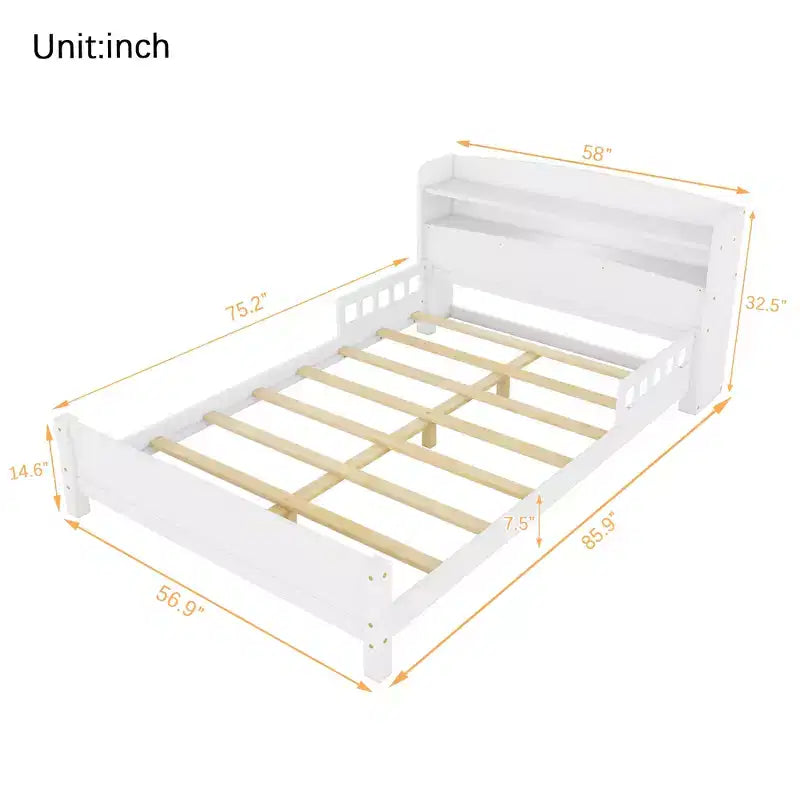 GDFStudio Melissa Full Size Wooden Bed with Bookcase Headboard, LED Motion Sensor Light and Guardrails
