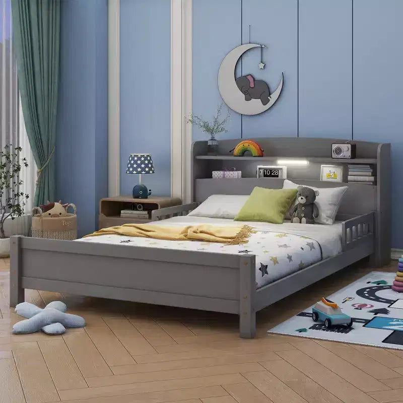 GDFStudio Melissa Full Size Wooden Bed with Bookcase Headboard, LED Motion Sensor Light and Guardrails