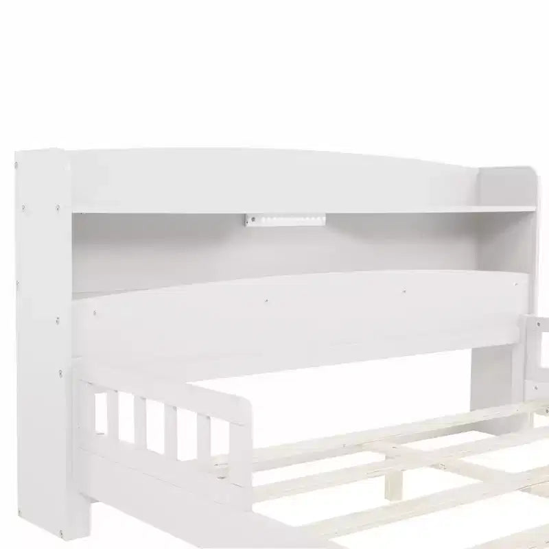 GDFStudio Melissa Full Size Wooden Bed with Bookcase Headboard, LED Motion Sensor Light and Guardrails