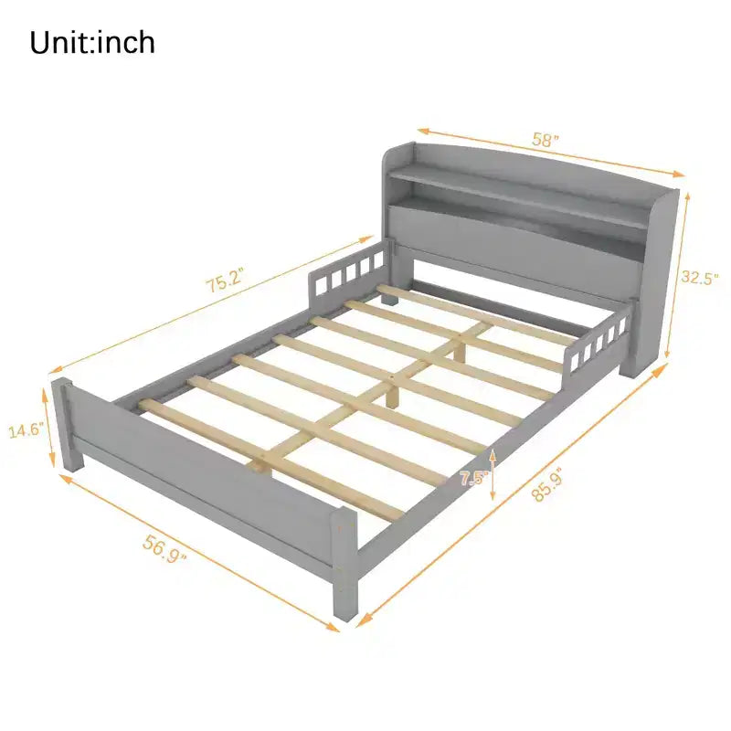 GDFStudio Melissa Full Size Wooden Bed with Bookcase Headboard, LED Motion Sensor Light and Guardrails