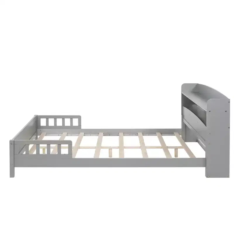 GDFStudio Melissa Full Size Wooden Bed with Bookcase Headboard, LED Motion Sensor Light and Guardrails