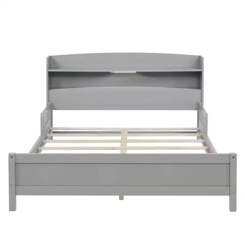 GDFStudio Melissa Full Size Wooden Bed with Bookcase Headboard, LED Motion Sensor Light and Guardrails