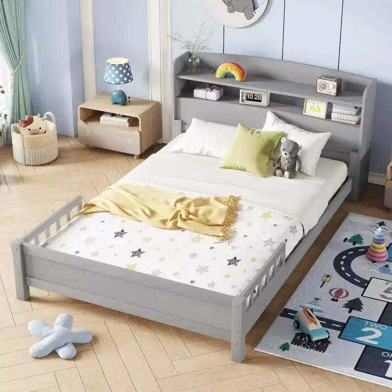 GDFStudio Melissa Full Size Wooden Bed with Bookcase Headboard, LED Motion Sensor Light and Guardrails