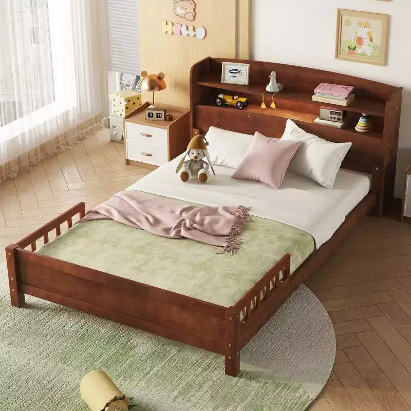 GDFStudio Melissa Full Size Wooden Bed with Bookcase Headboard, LED Motion Sensor Light and Guardrails