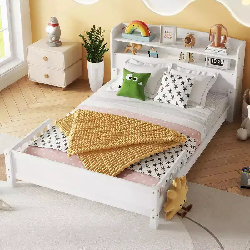GDFStudio Melissa Full Size Wooden Bed with Bookcase Headboard, LED Motion Sensor Light and Guardrails