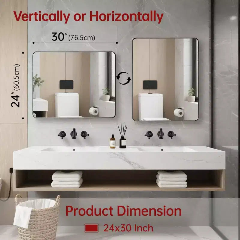 SUMERAIN Rectangle Bathroom Mirror, 24X30' Wall Mount Bathroom Vanity Mirrors, Black Aluminum Frame