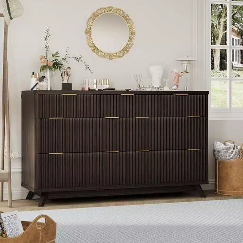 54 Inch Wide 7-Drawer Dresser, Dark Tone Fluted Design with Gold Handles, Modern for Bedroom, Easy Assembly