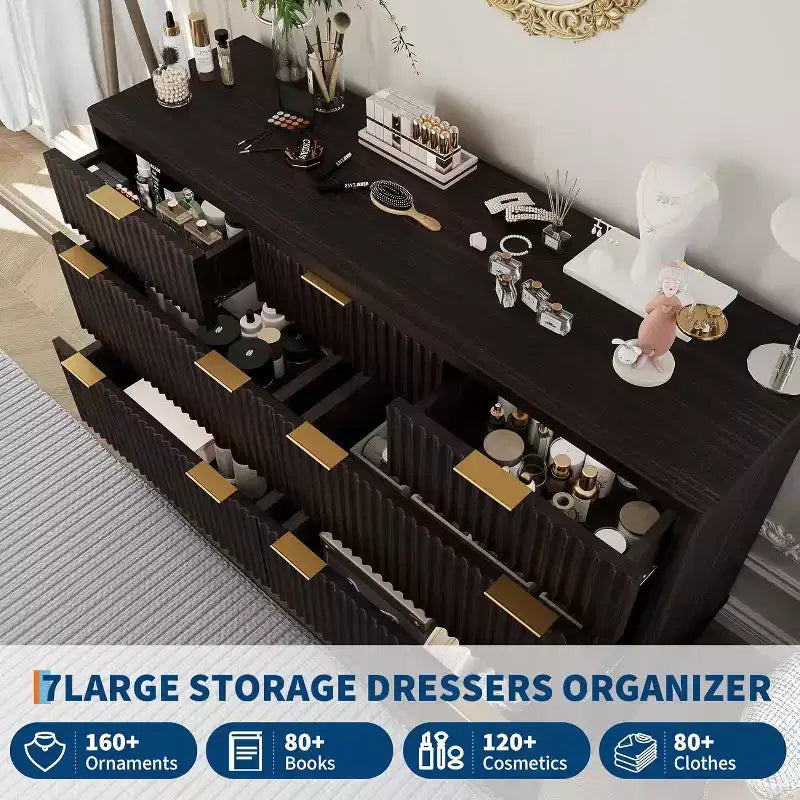 54 Inch Wide 7-Drawer Dresser, Dark Tone Fluted Design with Gold Handles, Modern for Bedroom, Easy Assembly