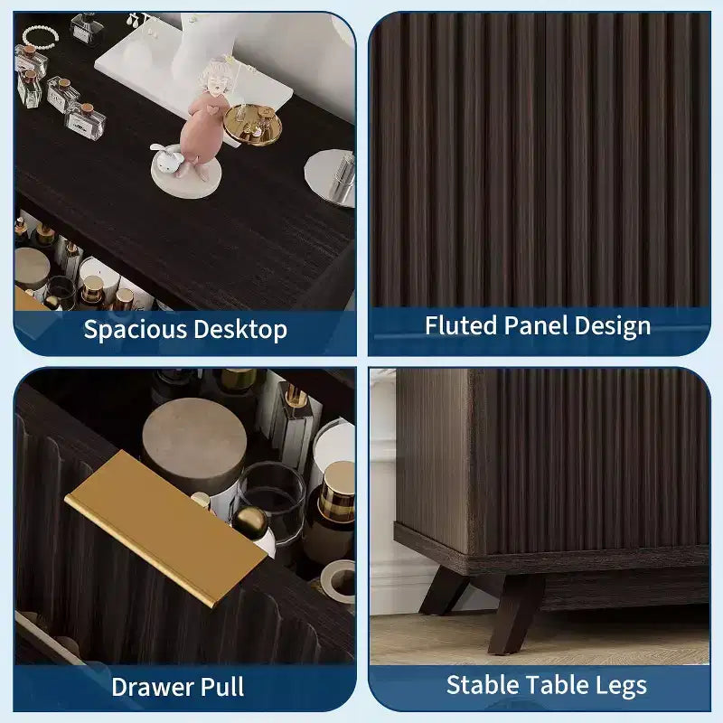54 Inch Wide 7-Drawer Dresser, Dark Tone Fluted Design with Gold Handles, Modern for Bedroom, Easy Assembly