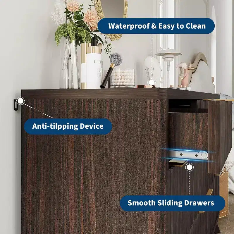 54 Inch Wide 7-Drawer Dresser, Dark Tone Fluted Design with Gold Handles, Modern for Bedroom, Easy Assembly