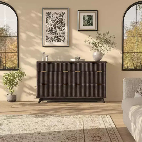 54 Inch Wide 7-Drawer Dresser, Dark Tone Fluted Design with Gold Handles, Modern for Bedroom, Easy Assembly