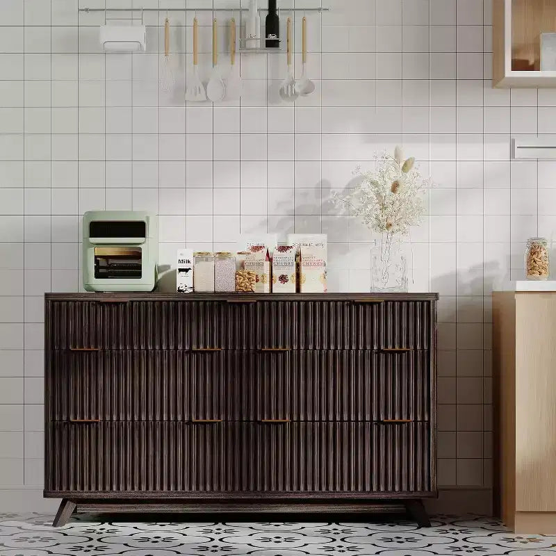54 Inch Wide 7-Drawer Dresser, Dark Tone Fluted Design with Gold Handles, Modern for Bedroom, Easy Assembly