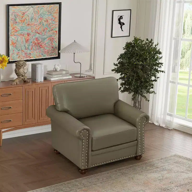 MAYEERTY Comfortable High-Elastic Sponge Chair Sofa with PU Leather Silver Nail Solid $ Metal Frame for Living Room Taupe