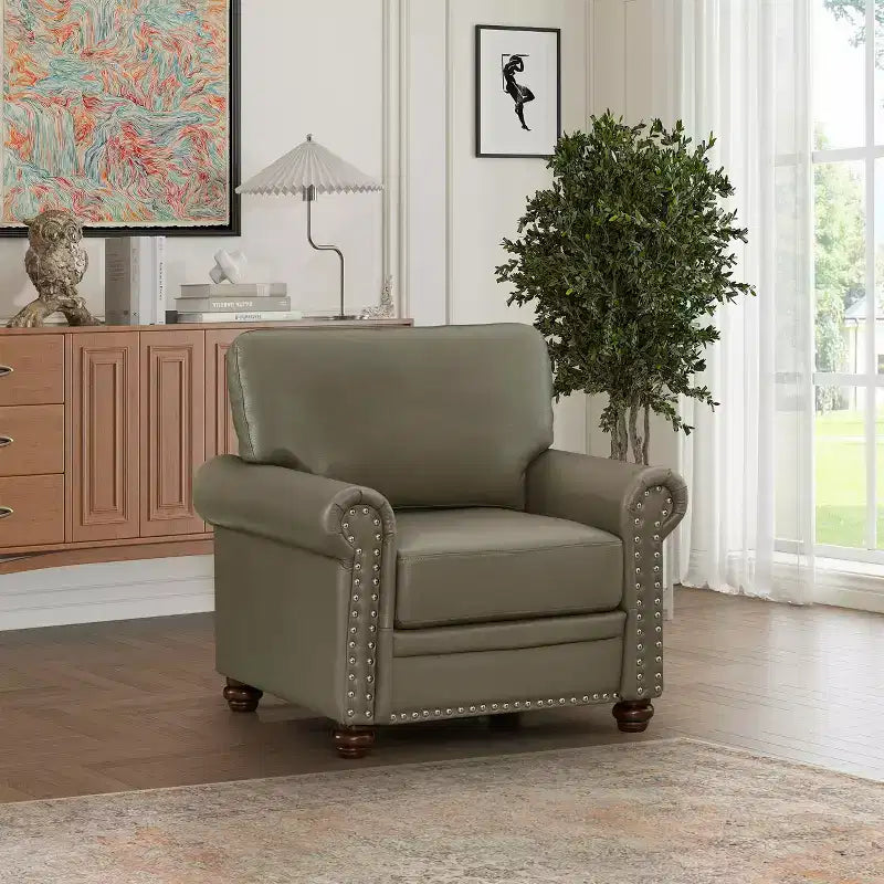 MAYEERTY Comfortable High-Elastic Sponge Chair Sofa with PU Leather Silver Nail Solid $ Metal Frame for Living Room Taupe