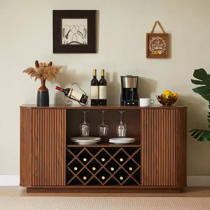 JVNOXK 58-inch Modern Wavy Sideboard Multifunctional storage cabinet with wine rack, suitable for kitchens and dining rooms. Walnut