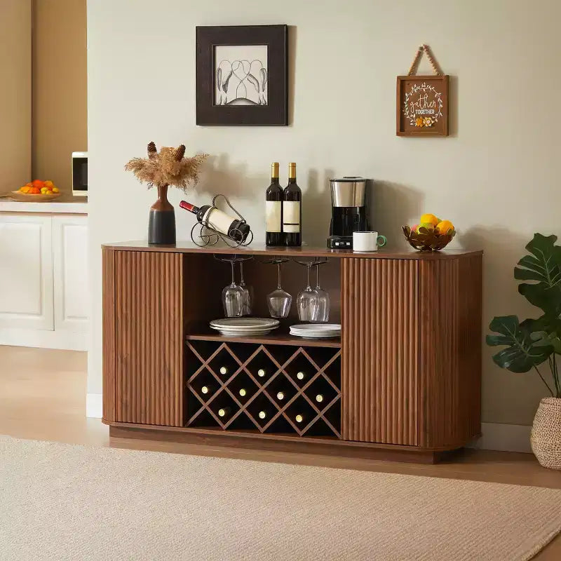 JVNOXK 58-inch Modern Wavy Sideboard Multifunctional storage cabinet with wine rack, suitable for kitchens and dining rooms. Walnut