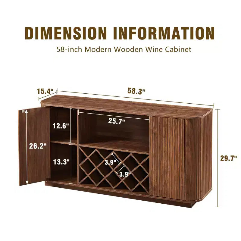 JVNOXK 58-inch Modern Wavy Sideboard Multifunctional storage cabinet with wine rack, suitable for kitchens and dining rooms. Walnut