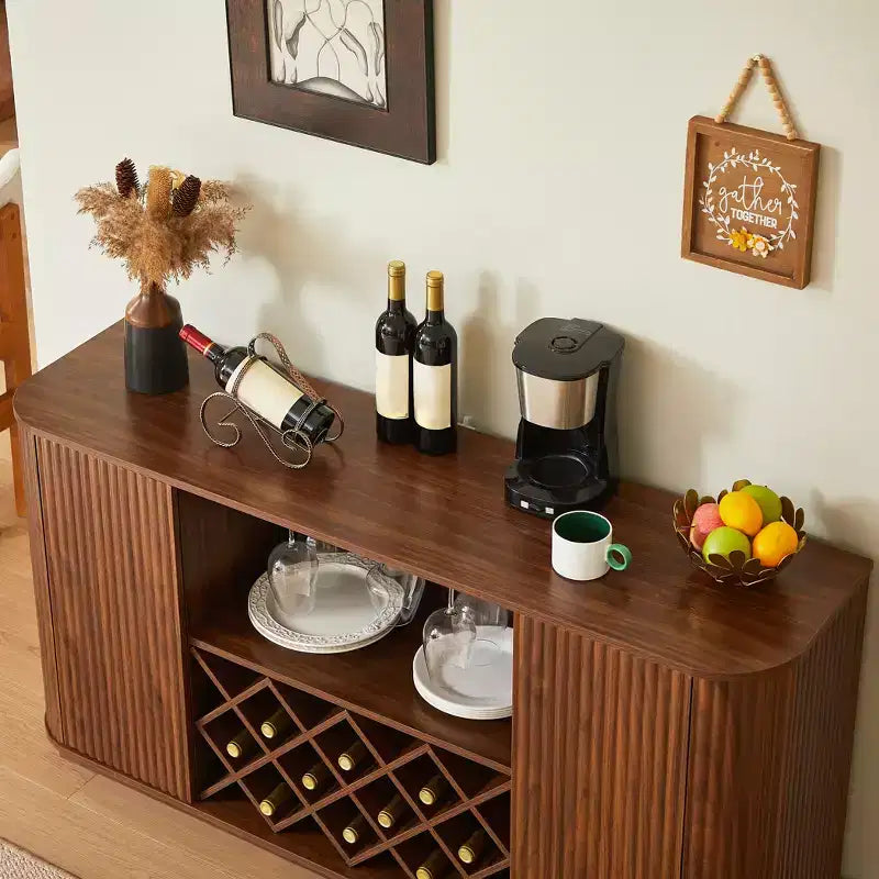 JVNOXK 58-inch Modern Wavy Sideboard Multifunctional storage cabinet with wine rack, suitable for kitchens and dining rooms. Walnut
