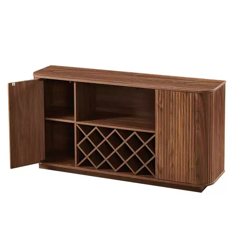 JVNOXK 58-inch Modern Wavy Sideboard Multifunctional storage cabinet with wine rack, suitable for kitchens and dining rooms. Walnut