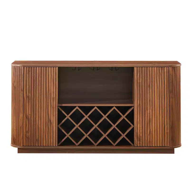 JVNOXK 58-inch Modern Wavy Sideboard Multifunctional storage cabinet with wine rack, suitable for kitchens and dining rooms. Walnut